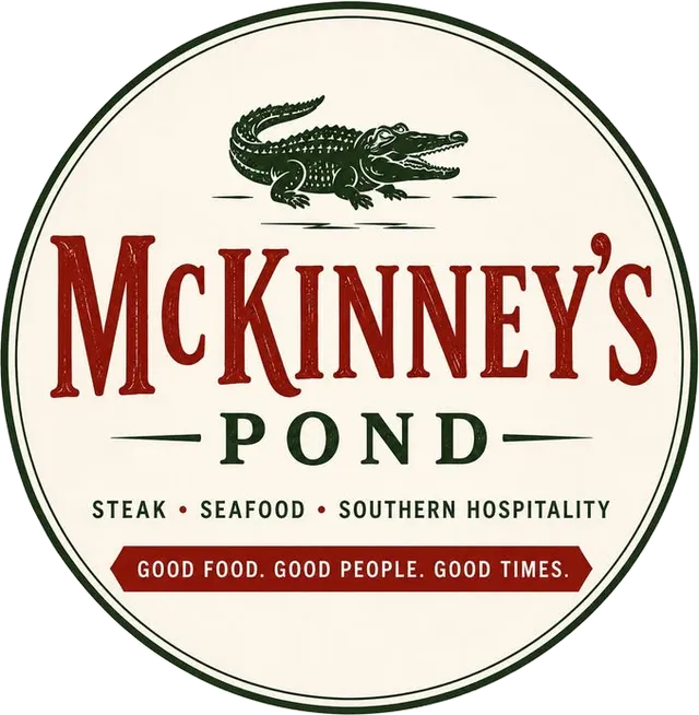 McKinney's Pond Restaurant logo: an alligator above the words “Steak · Seafood · Southern Hospitality” and “Good food. Good people. Good times.”